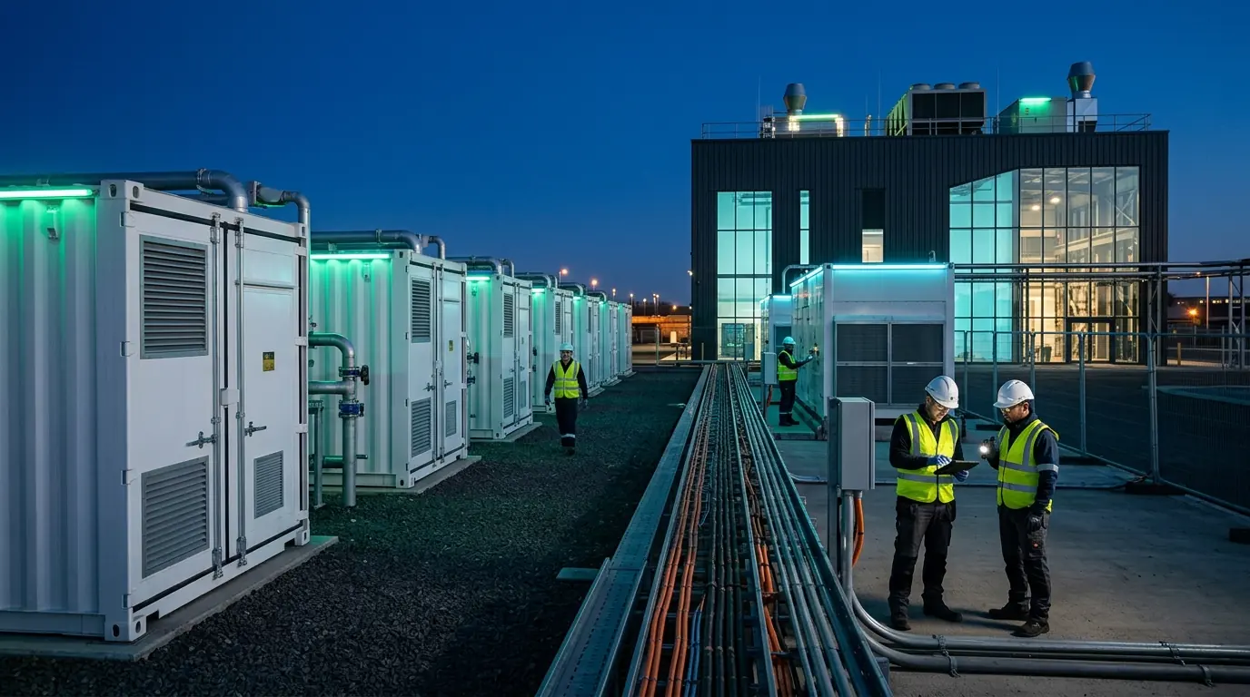Second-life battery storage containers outside an assembly works