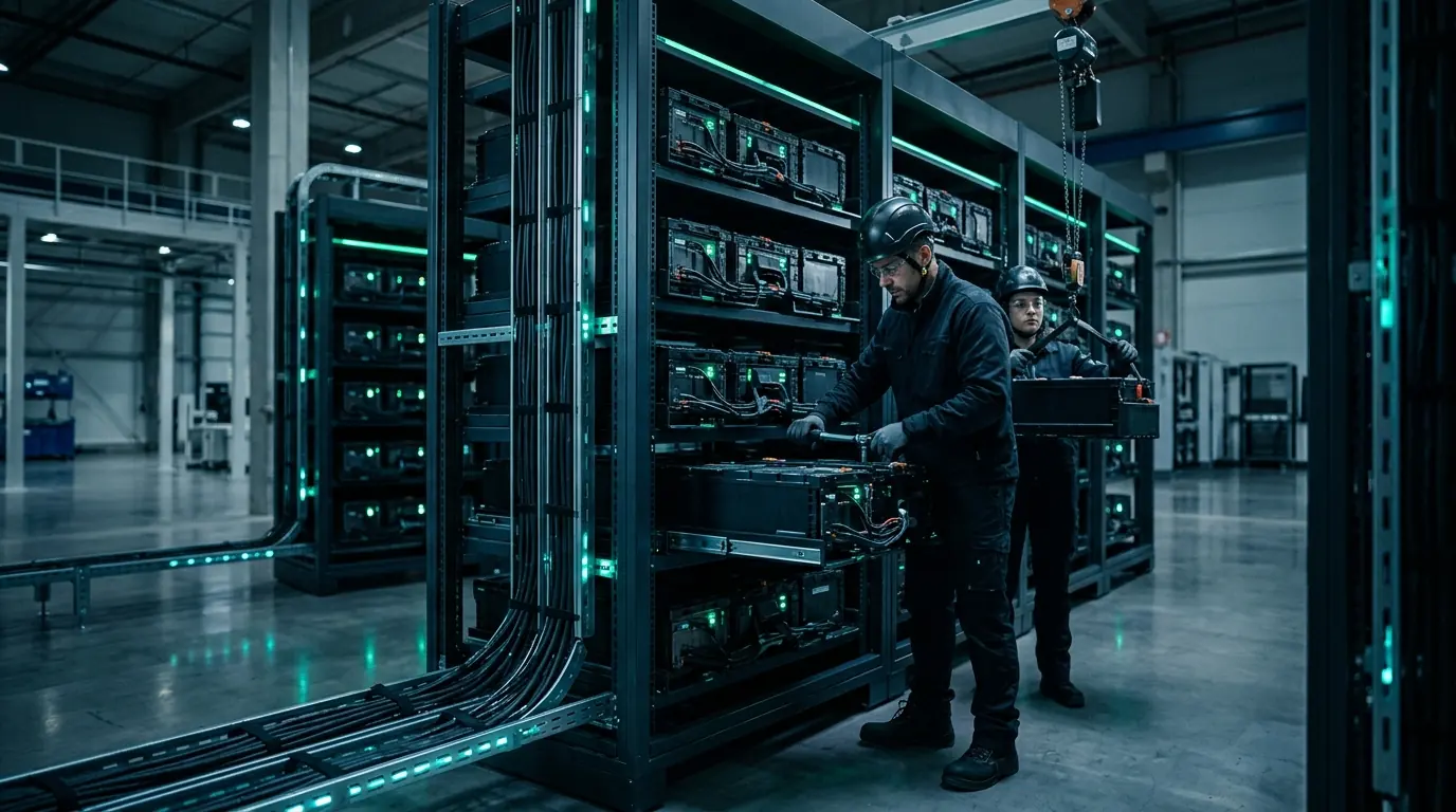 Technicians building second-life battery storage racks