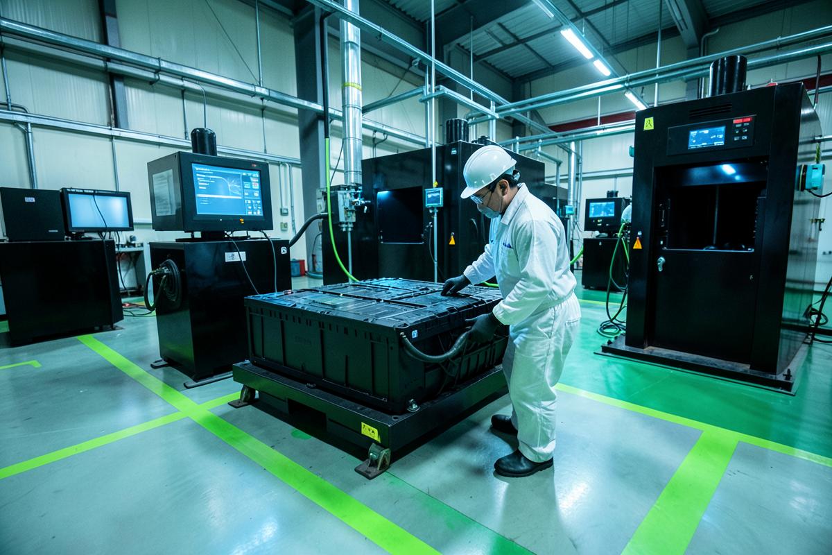 Engineer inspecting an electric vehicle battery pack at recycling intake