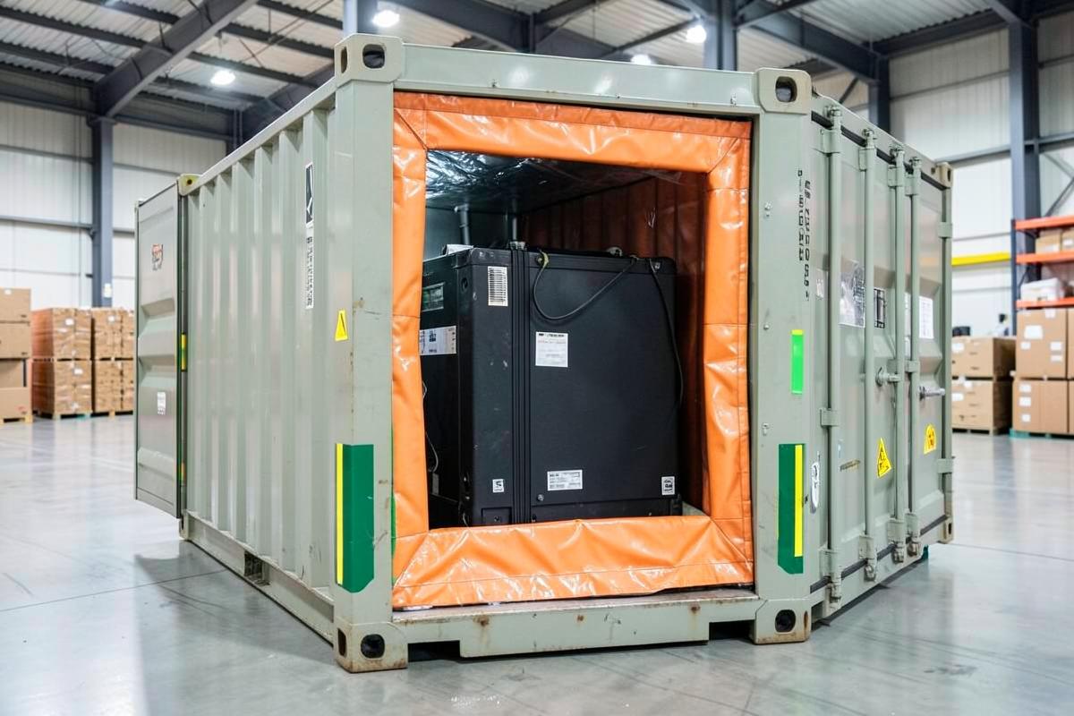 Fire-resistant transport container holding a retired EV battery pack