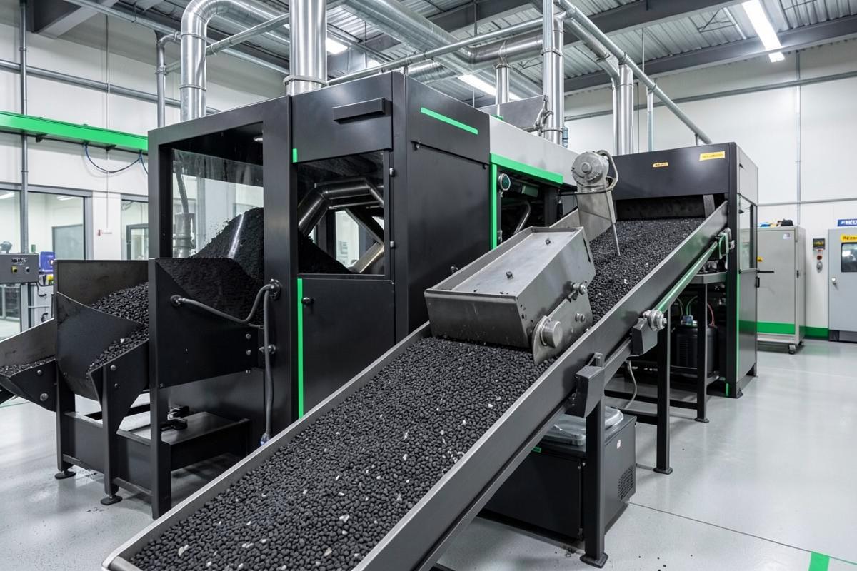 Enclosed processing line producing battery black mass