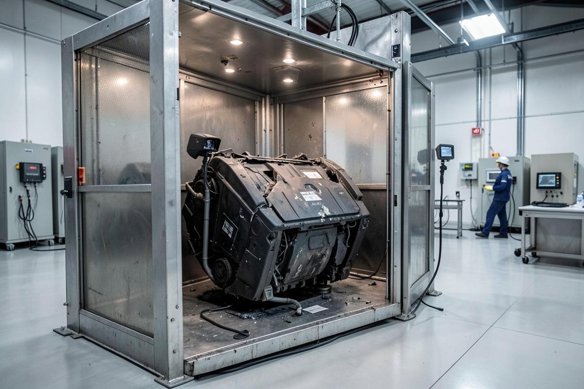 Damaged EV battery isolated in a monitored quarantine bay