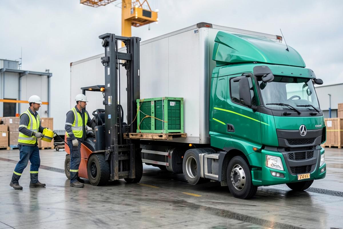 Safe loading of a battery transport crate into a logistics truck