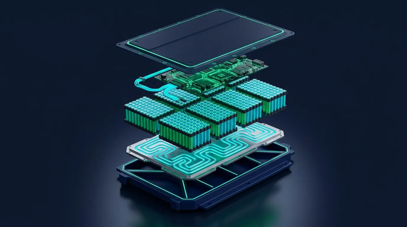 Exploded technical schematic of an EV battery pack showing modules, prismatic and cylindrical cells, busbars and cooling plate