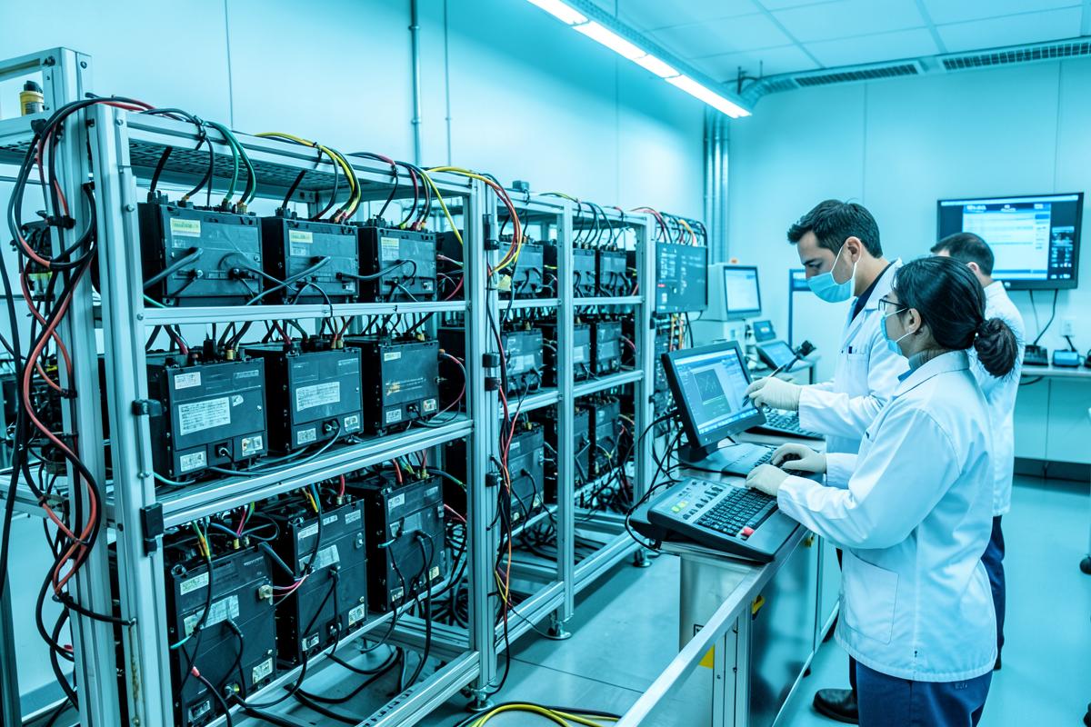 Battery engineers grading retired EV modules on test racks
