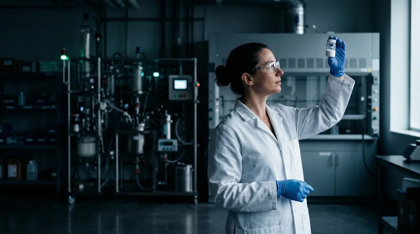 Chemist in a lab coat holding a vial of battery-grade salt up to the light