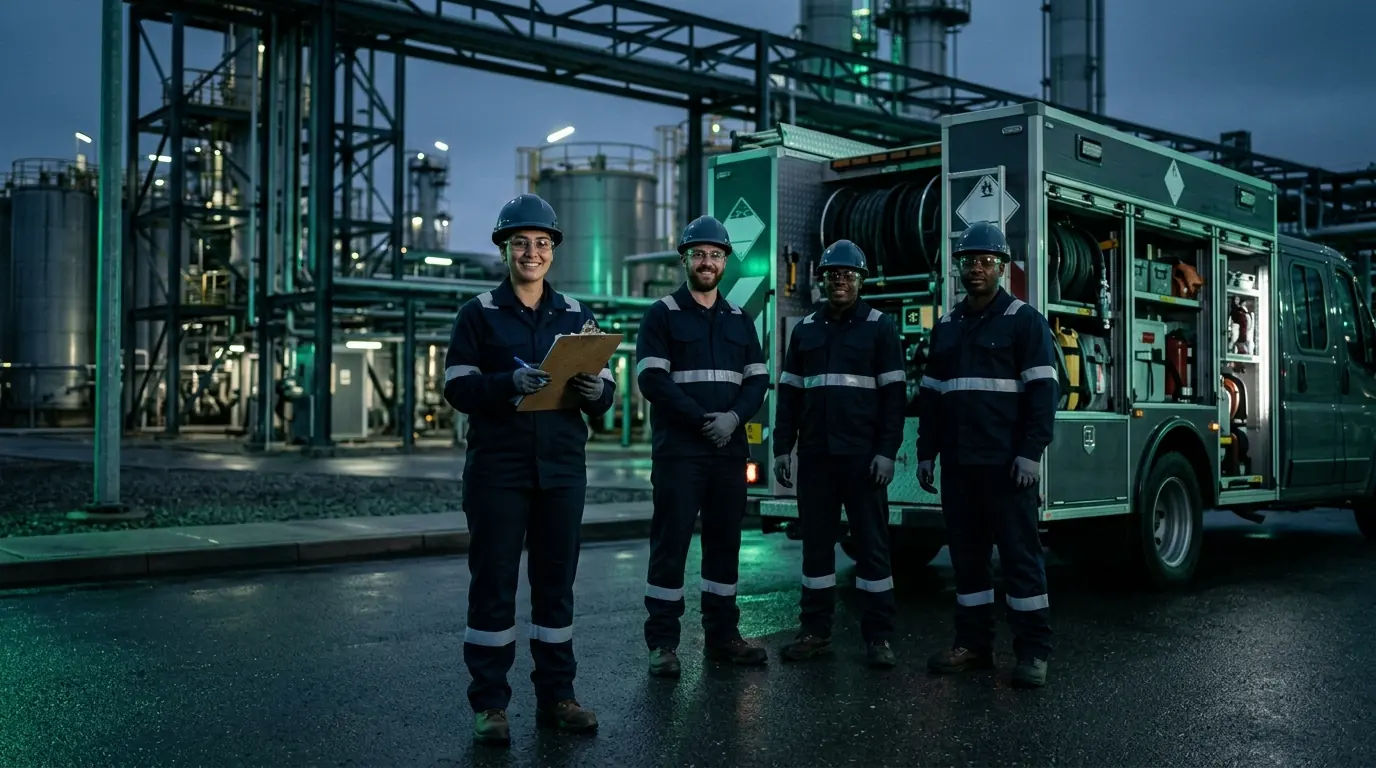 Collection crew in plain unbranded hi-vis uniforms standing