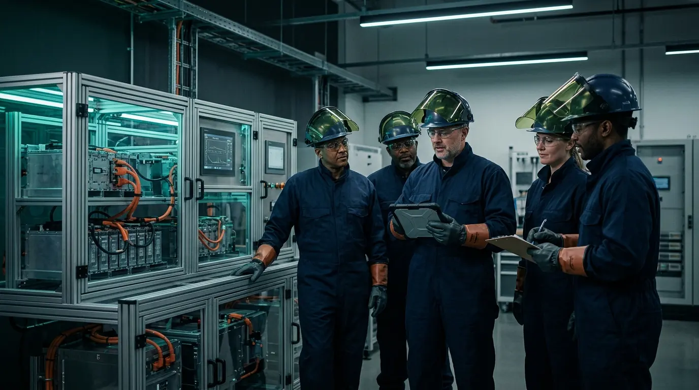 Group of technicians in high-voltage PPE during a safety briefing