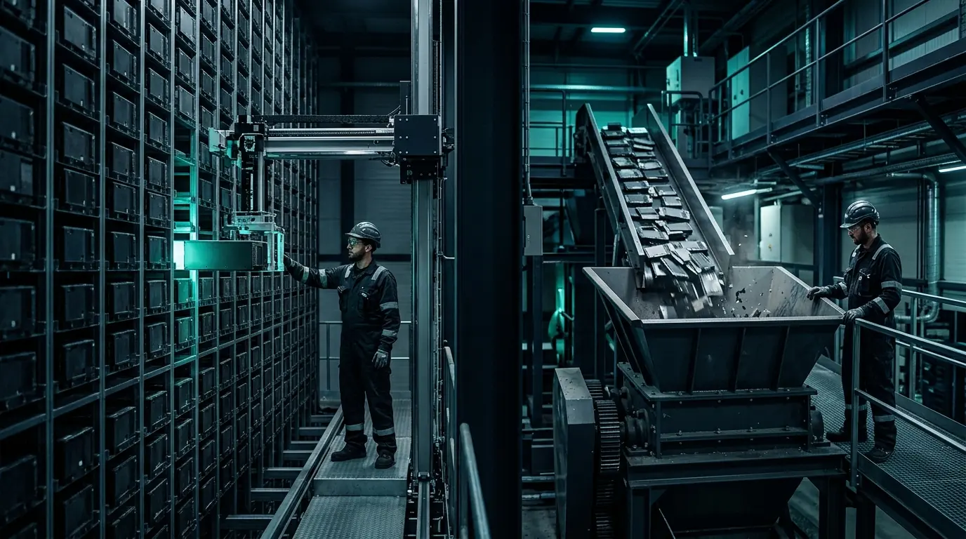 Split composition: graded modules entering a storage rack on one side