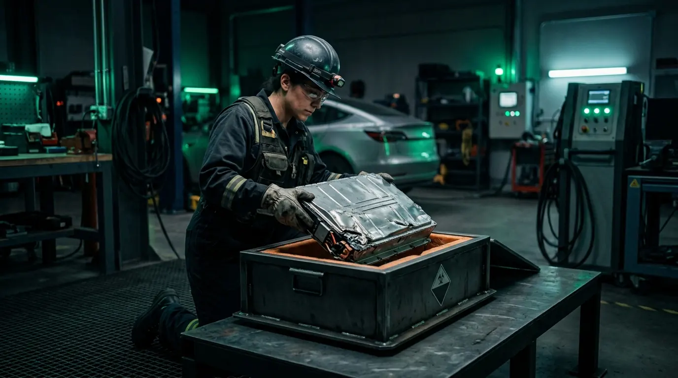 Emergency response technician placing a dented EV battery module into an insulated steel containment box