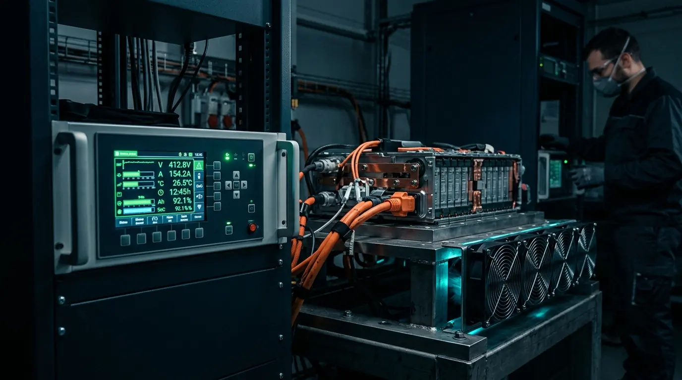 Close-up of a battery cycler channel display beside an EV module under test