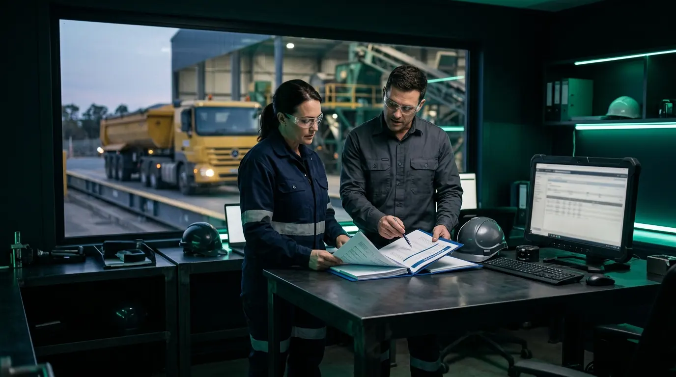 Producer and recycler representatives reviewing a certificate folder at a facility weighbridge office