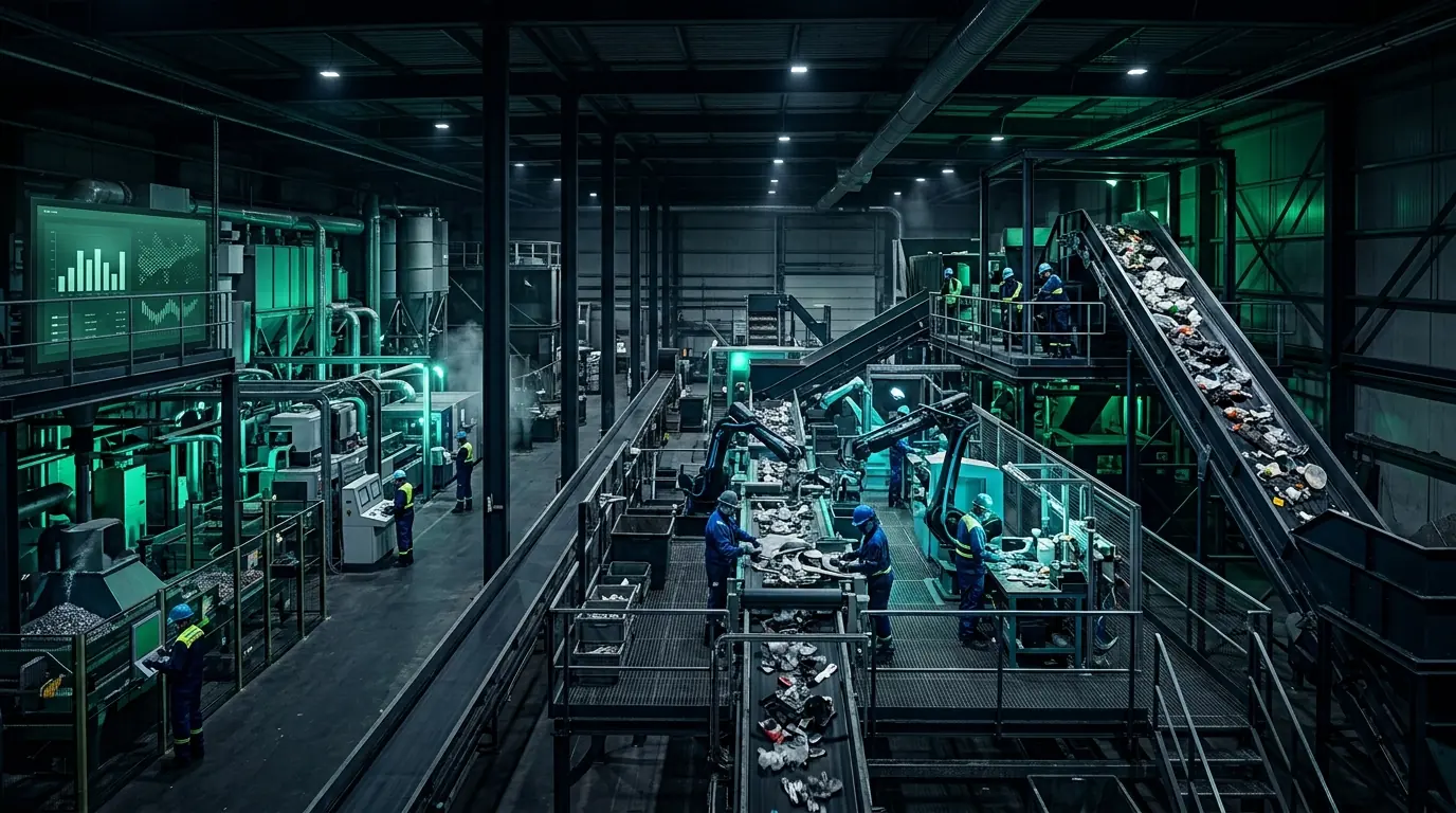 Long wide shot through a recycling plant showing discharge