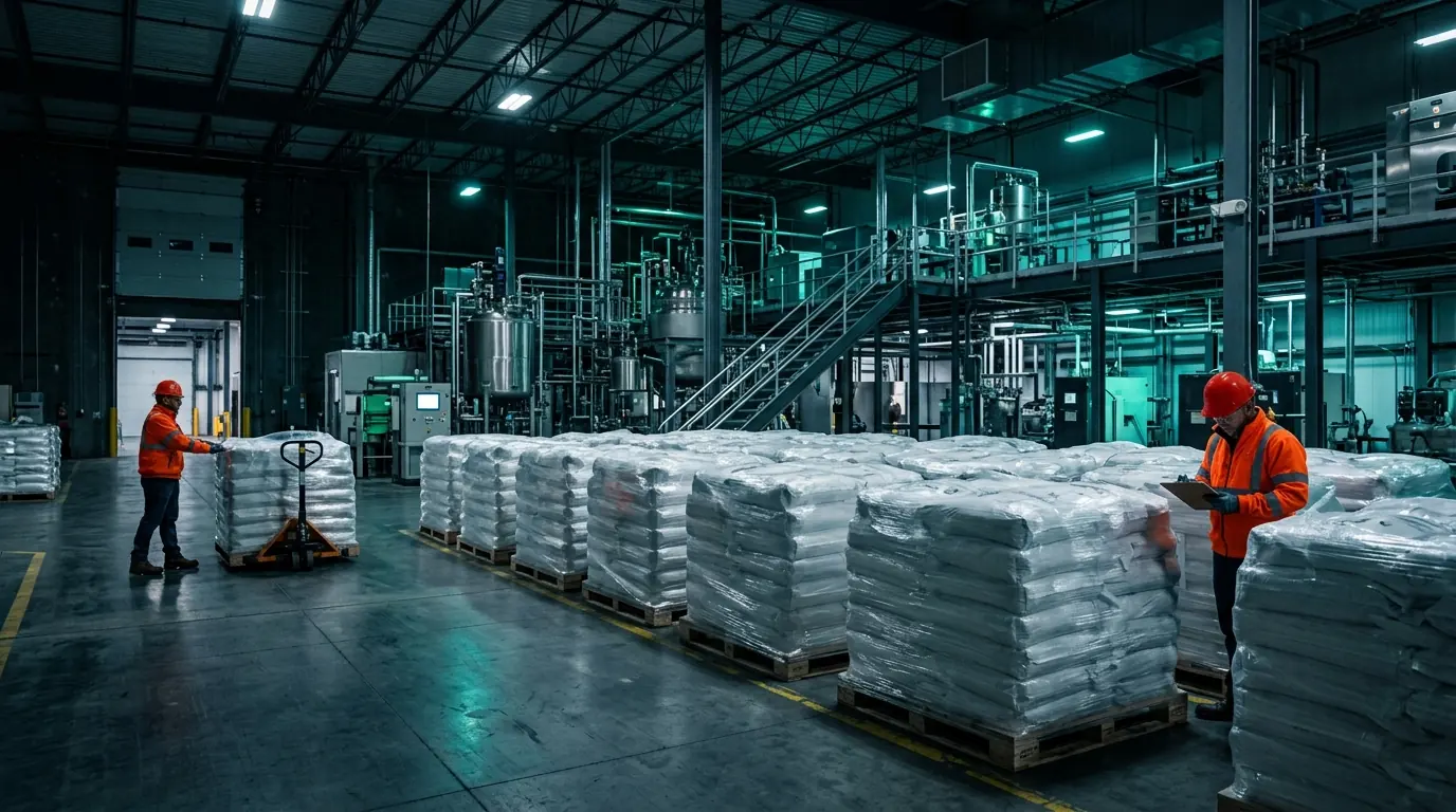 American battery materials plant with pallets of refined metal salts ready for shipment to a cell factory