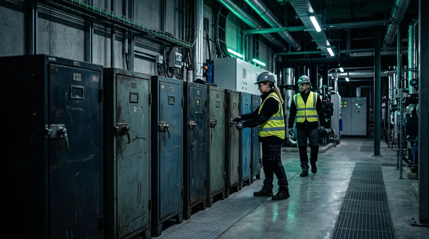 Row of second-life storage cabinets in a commercial building plant room