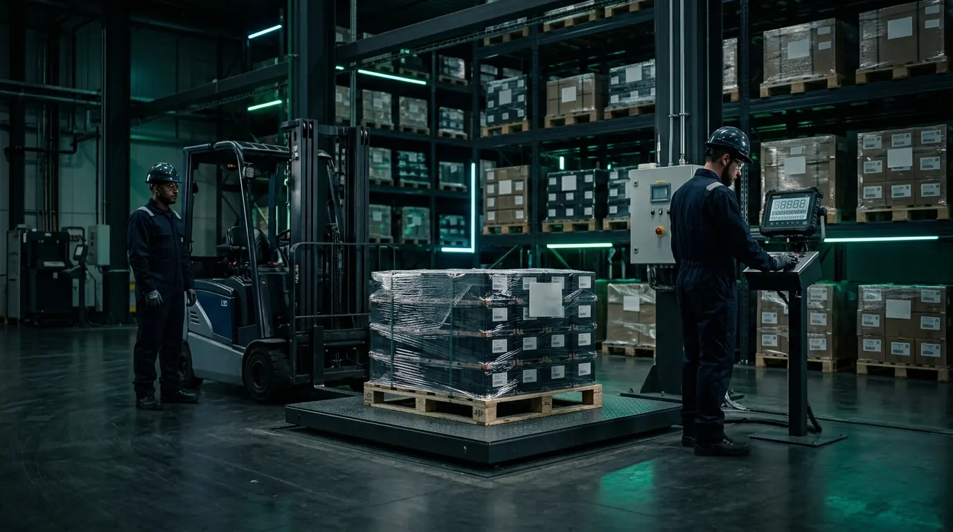 Aggregator warehouse with graded battery modules on labelled pallets being weighed on a platform scale