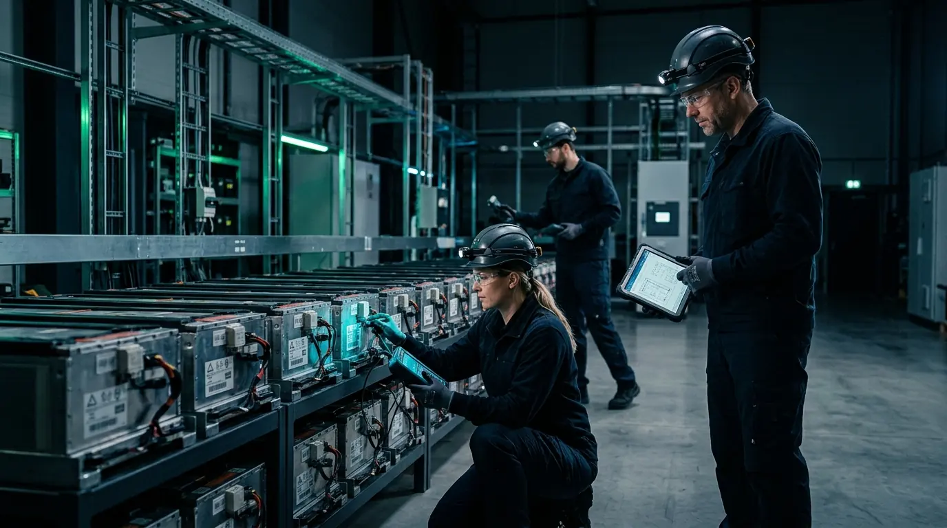 Integrator engineers inspecting a row of graded second-life modules ready for rack integration